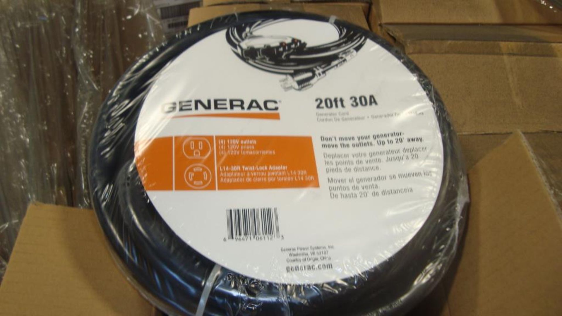 Extension Cords. Lot: 90 Total (45 Boxes - 2 ea.) Generac pn# 0061121-1 20ft, 30A Power Distribution - Image 2 of 8