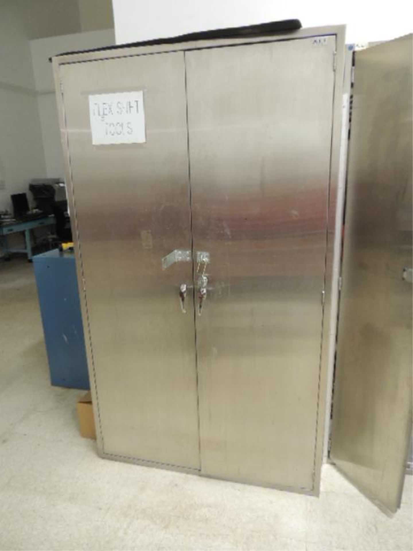 Storage cabinets; 47"x24"x80", SS two door and contents, air hoses, welding shield, Ridgid 3+6"