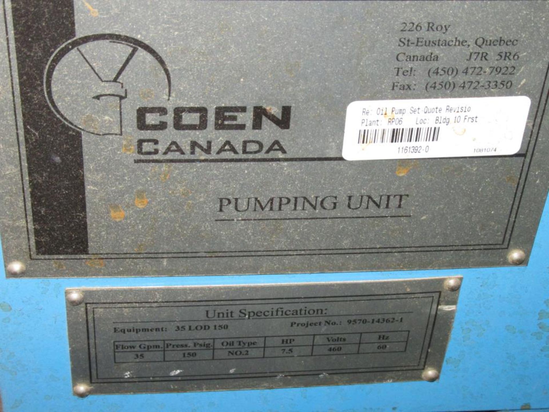 Coen Pump & Motor; Pump Skid with (2) Imo Pumps # 3545/098 (AA3G/NVPMFA162SC & (2) TECO Westinghouse - Image 2 of 4