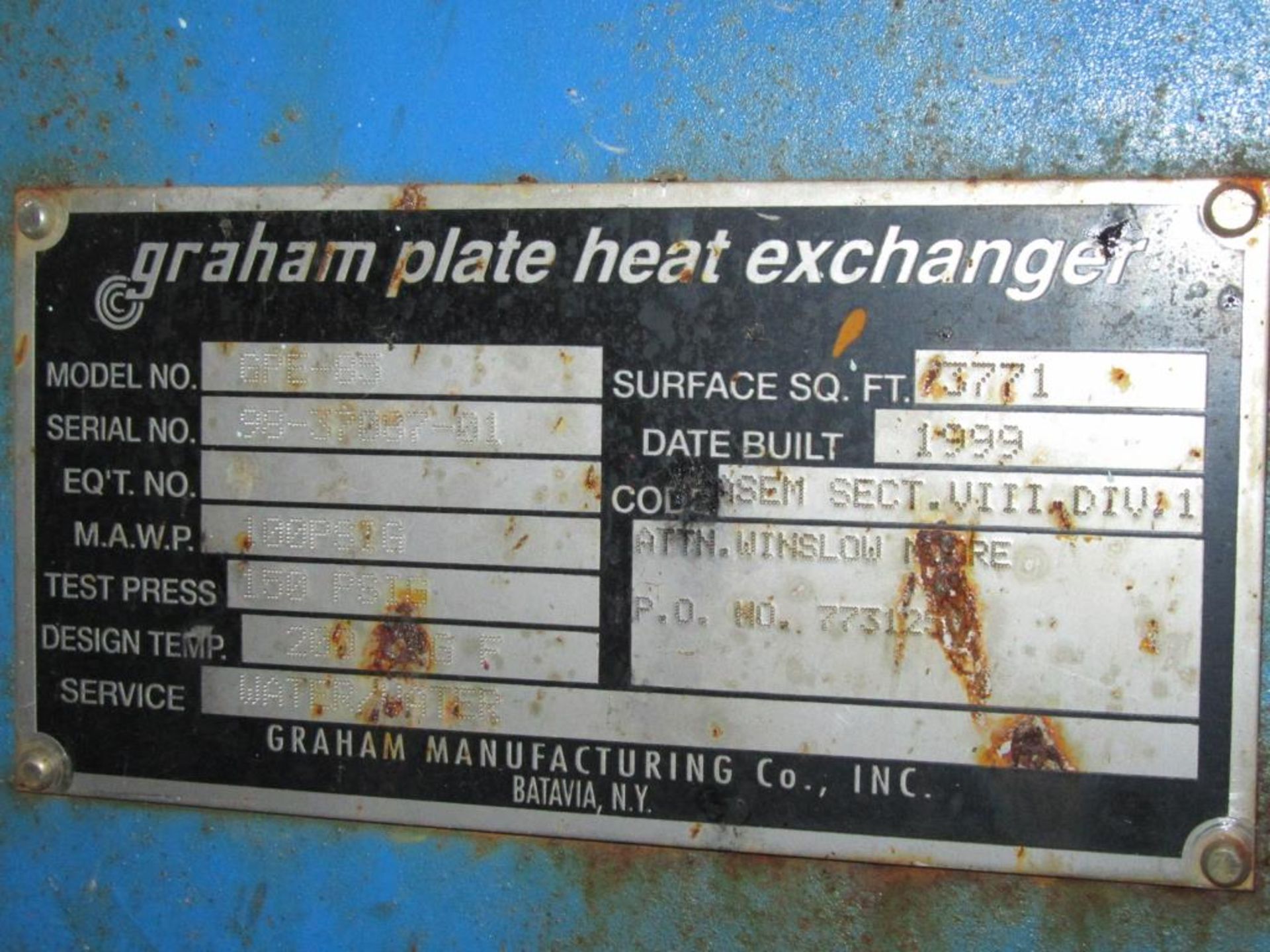 Graham GPE-85 Heat Exchanger; 1999 - 3,771 Sq/Ft Plate Heat Exchanger, Rated 100 PSIG @ 200 Deg/F. - Image 3 of 4