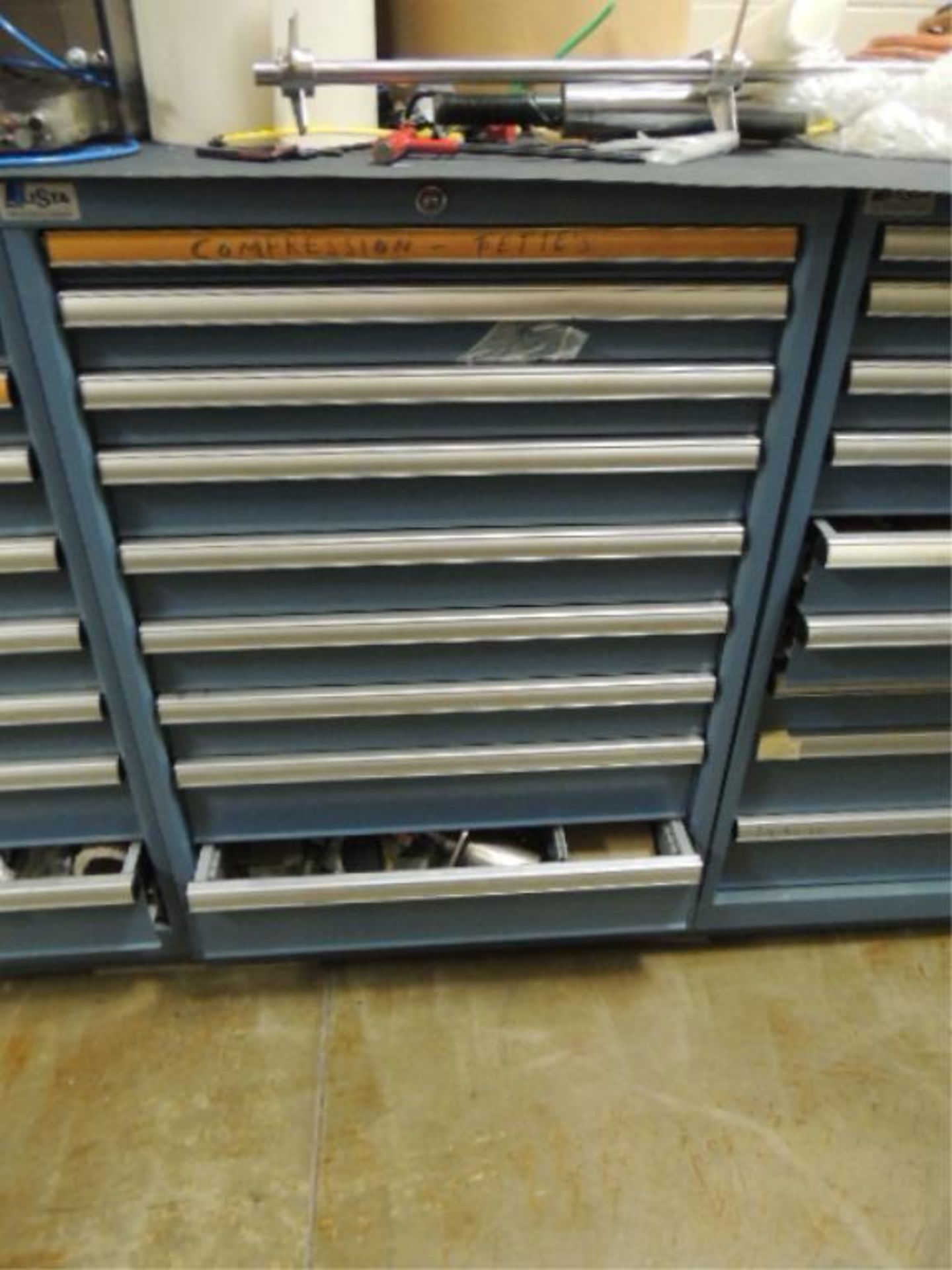 Lista Parts cabinet; nine drawer cabinet, and; contents, Ashcroft pressure gauge, Siemens thermal