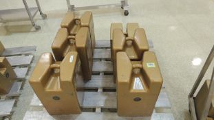 Troemner Calibration weights; Aluminum pallet and contents, (5) 250kg, (1) 200kg. HIT# 2226627. Loc: