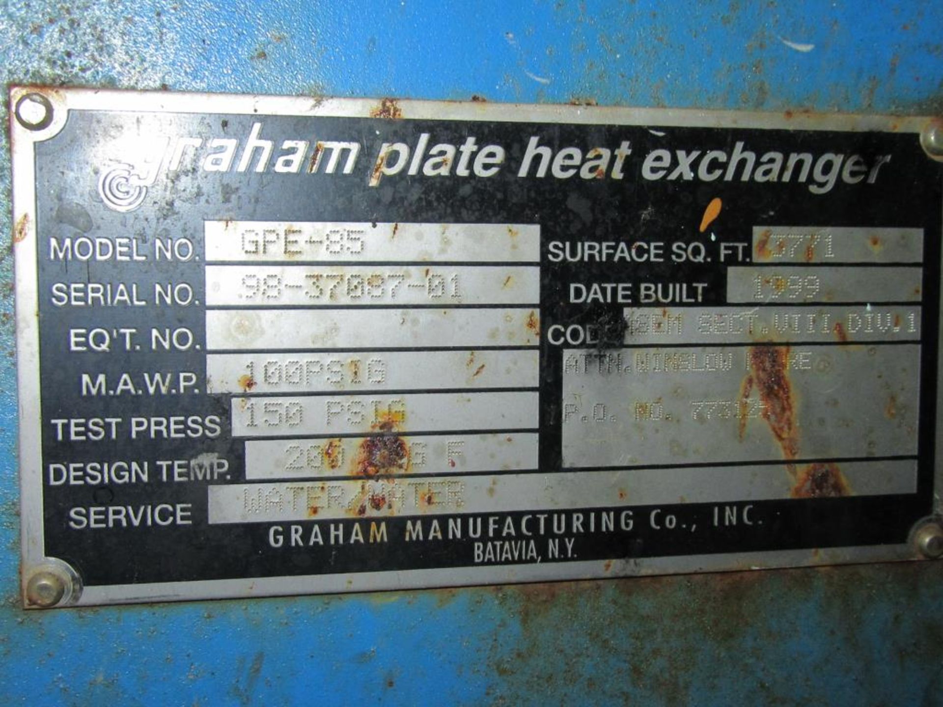 Graham GPE-85 Heat Exchanger; 1999 - 3,771 Sq/Ft Plate Heat Exchanger, Rated 100 PSIG @ 200 Deg/F. - Image 2 of 4