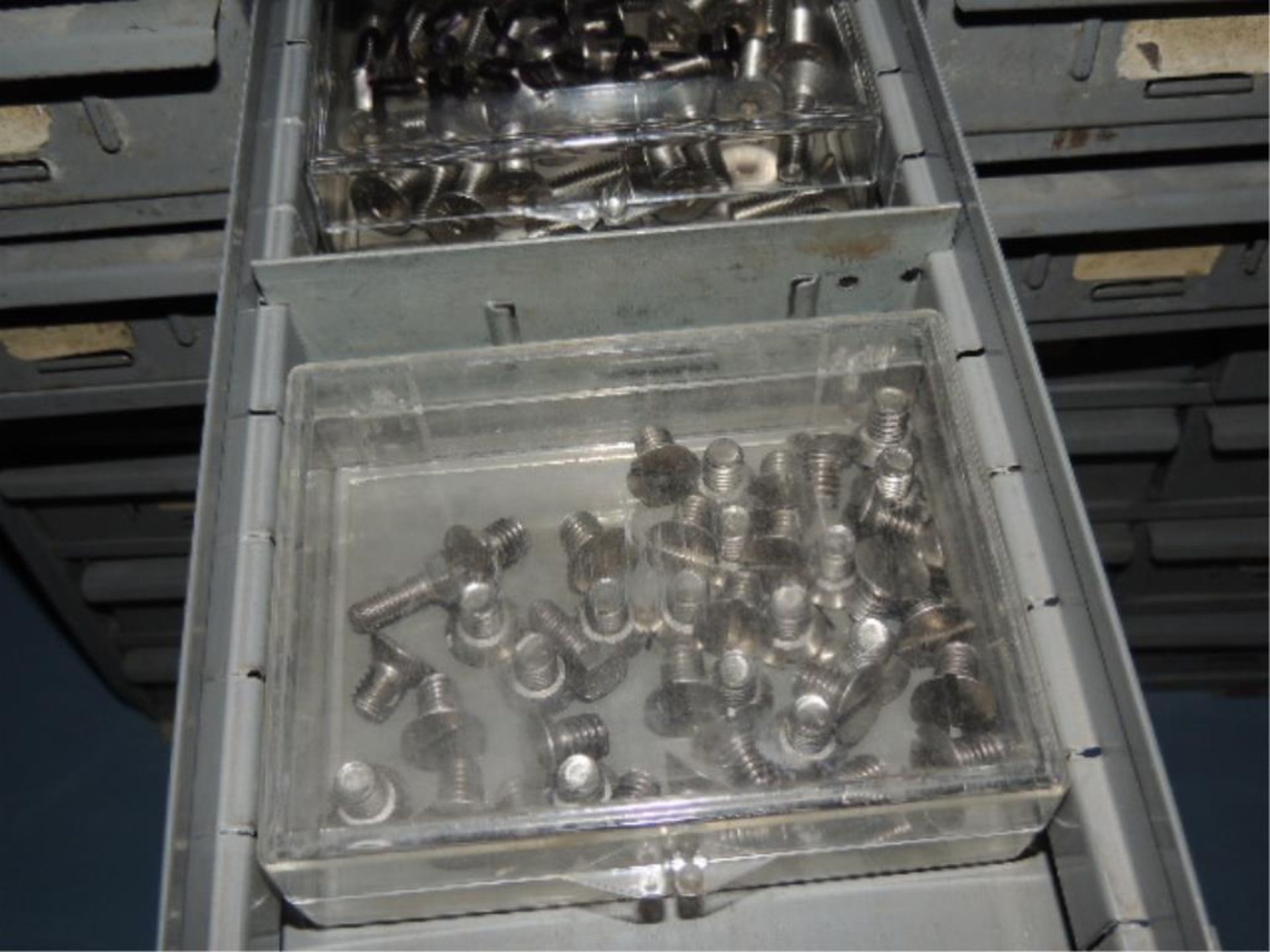 Bins; Lot: (8)parts bins w/ 18 bins each and contents, rivets, nuts, bolts, wing nuts, nipples, - Image 5 of 14