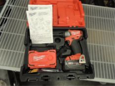 Milwaukee 2653-22 Driver; cordless 18v 1/4" hex impact driver, one battery no charger. HIT# 2192445.