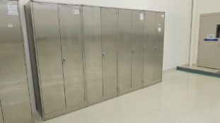 SS cabinets; Lot: (4) 35"x24"x84" w/ contents, stainless pots, scoops, empty 1gal cans and lids.