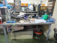 Work Bench & Contents; 36" x 72" x 36 1/2" work bench with contents, small cabinet under bench, 2