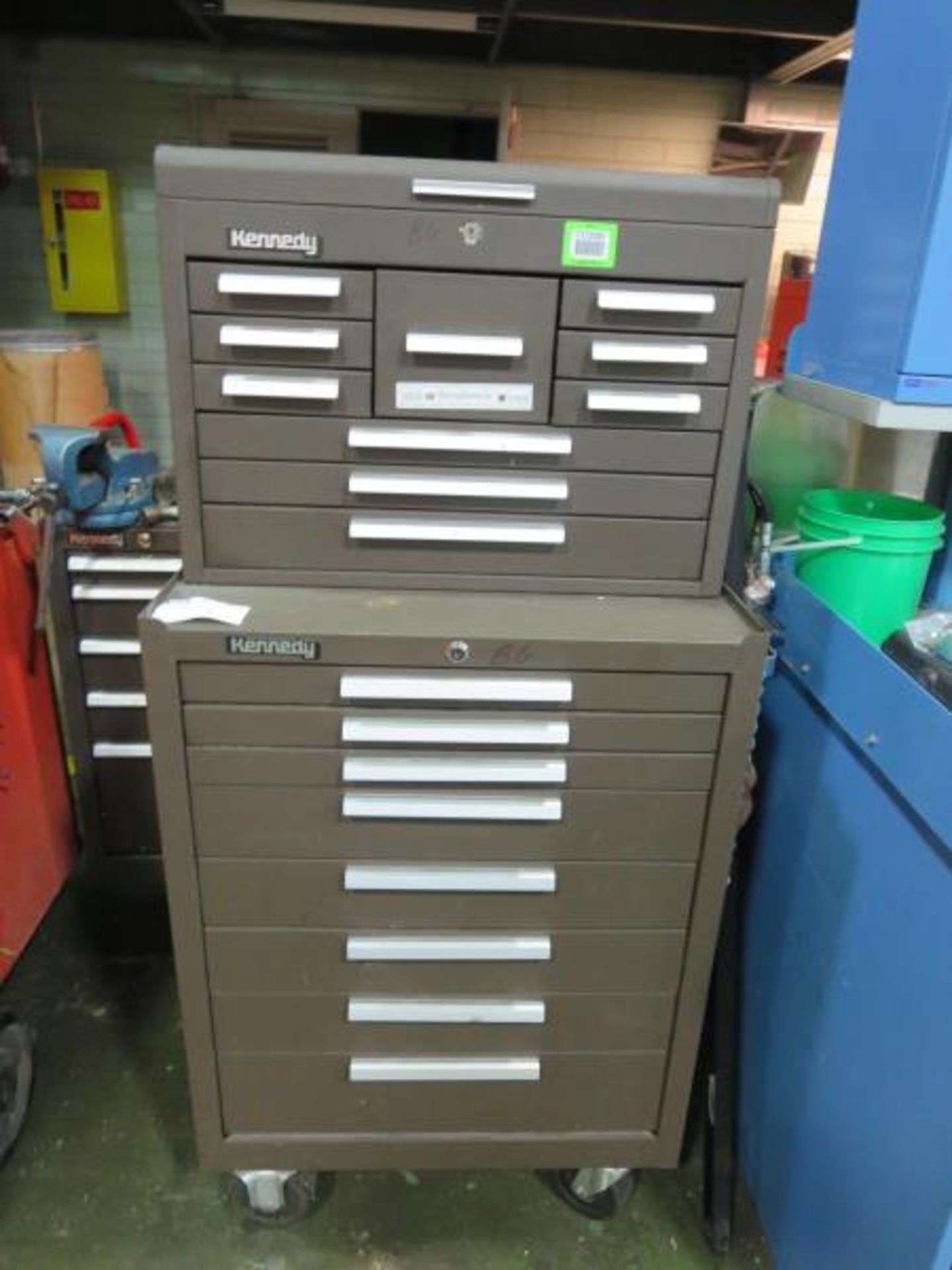 Kennedy Tool Box; 10 drawer top box & 8 drawer Bottom rollaway box. With contents. HIT# 2123585.