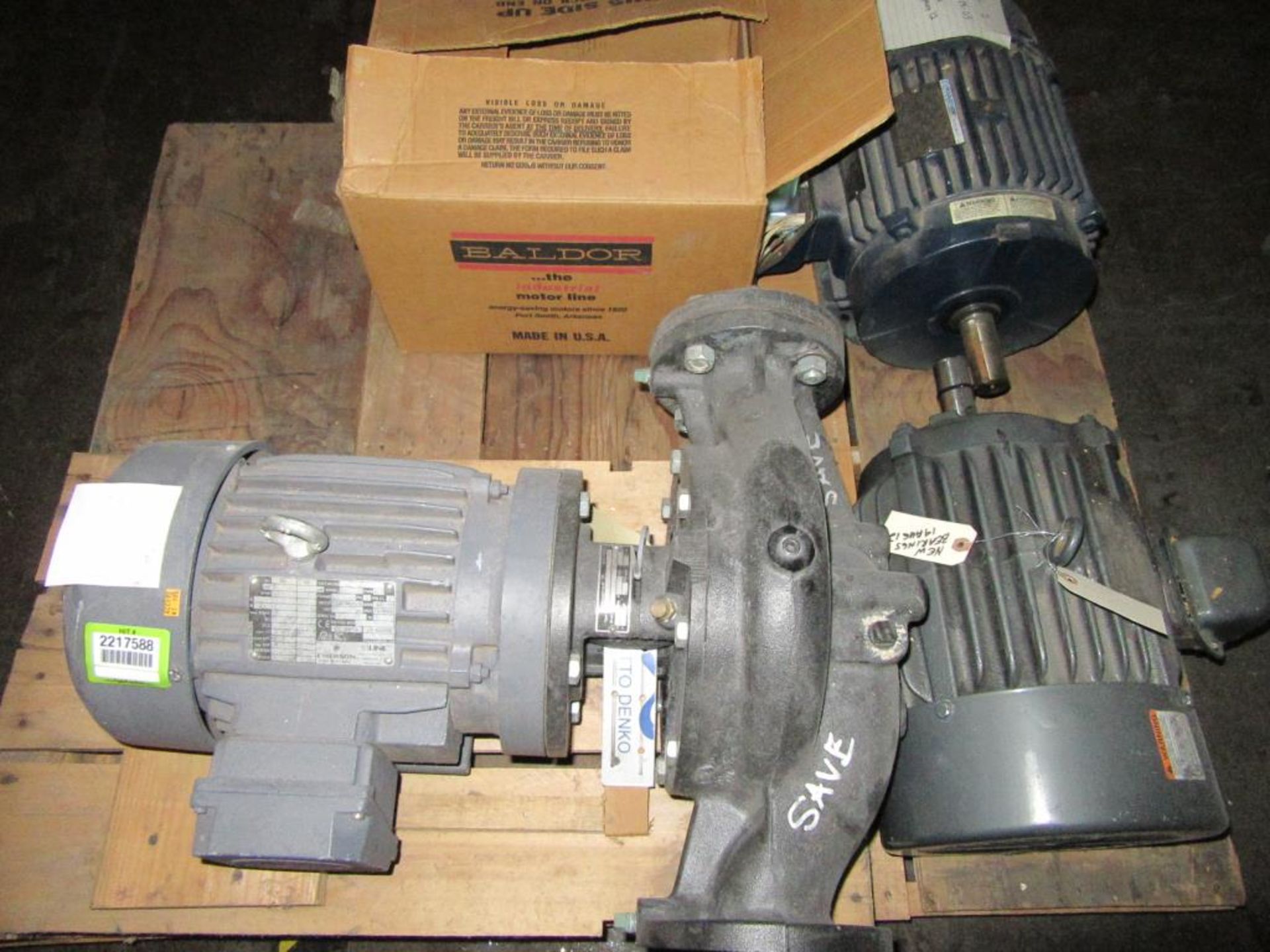 Motors & Pump; Lot: (4) Assorted Motors & (1) Pump on Pallet. HIT# 2217588. Loc: Maintenance Cage