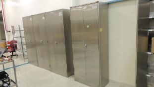 SS cabinets; Lot: (4) 35"x18"x 84" w/ contents, gloves, quart tubs. HIT# 2226632. Loc: 1305-1.