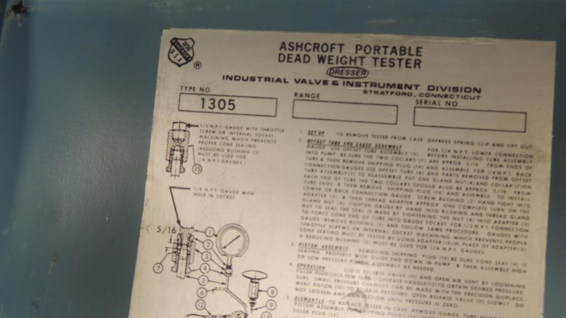 Ashcroft 1305 Tester; portable gauge dead weight tester. HIT# 2226571. Loc: 710. Asset Located at 64 - Image 9 of 10