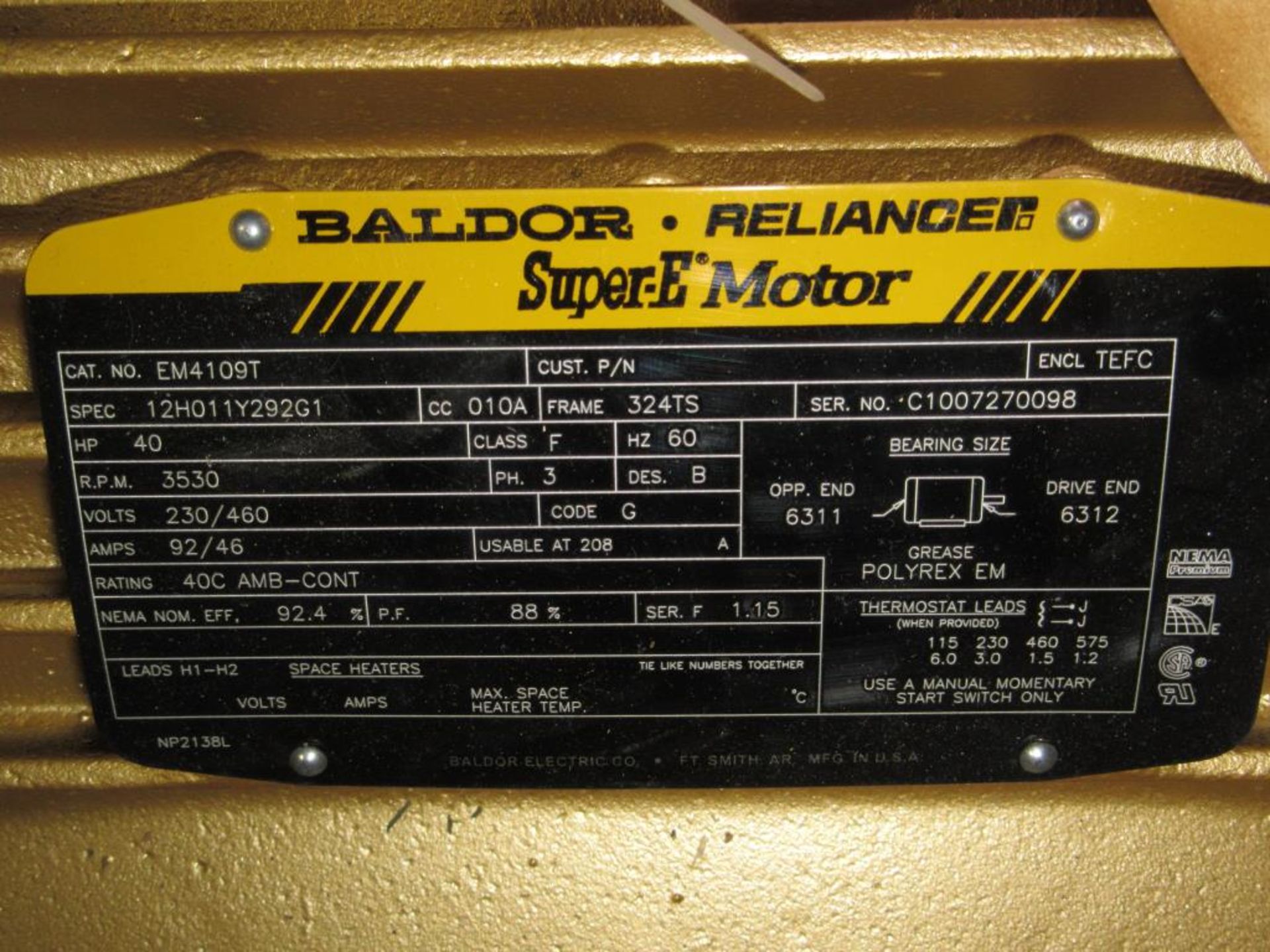 Baldor Motor; 40 HP Motor 230/460V Frame 324TS in Box on Pallet. HIT# 2217542. Loc: Maintenance Cage - Image 2 of 4