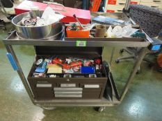 Tool box & Stainless steel cart; Kennedy 6 drawer top box, BD cordless drill, Drill bits, pipe