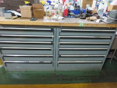Kennedy 12 drawer Industrial Cabinet; with hard wood top, 4" vise and contents in cabinet. Pipe