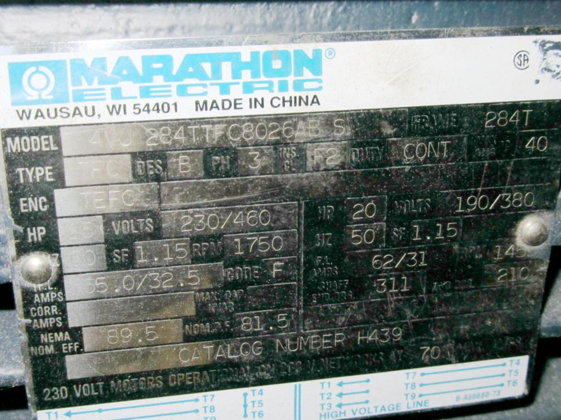 Marathon Motor; 25/20 HP Motor 190/460V, 50/60 Hz, Frame 284T on Pallet. HIT# 2217546. Loc: - Image 2 of 2