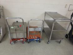 Hydraulic Lift Cart & SS Cart; Lot (Qty 3 ) (2) Hydraulic lift carts, 550lb capacity, & (1)