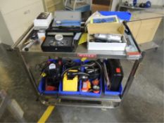 Ridgid DeWalt Tools; Lot: SS cart and contents, chargers, rechargeable flashlights, Dayton heavy
