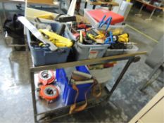 Ridgid Tools; Lot: cart and contents, Ridgid change dies, new tool belts, end wrenches, screw