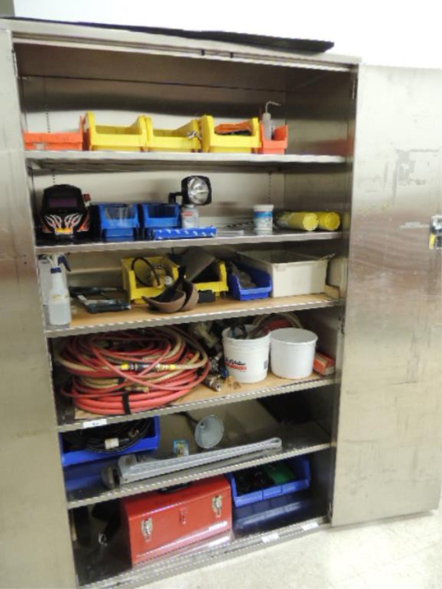 Storage cabinets; 47"x24"x80", SS two door and contents, air hoses, welding shield, Ridgid 3+6" - Image 2 of 10
