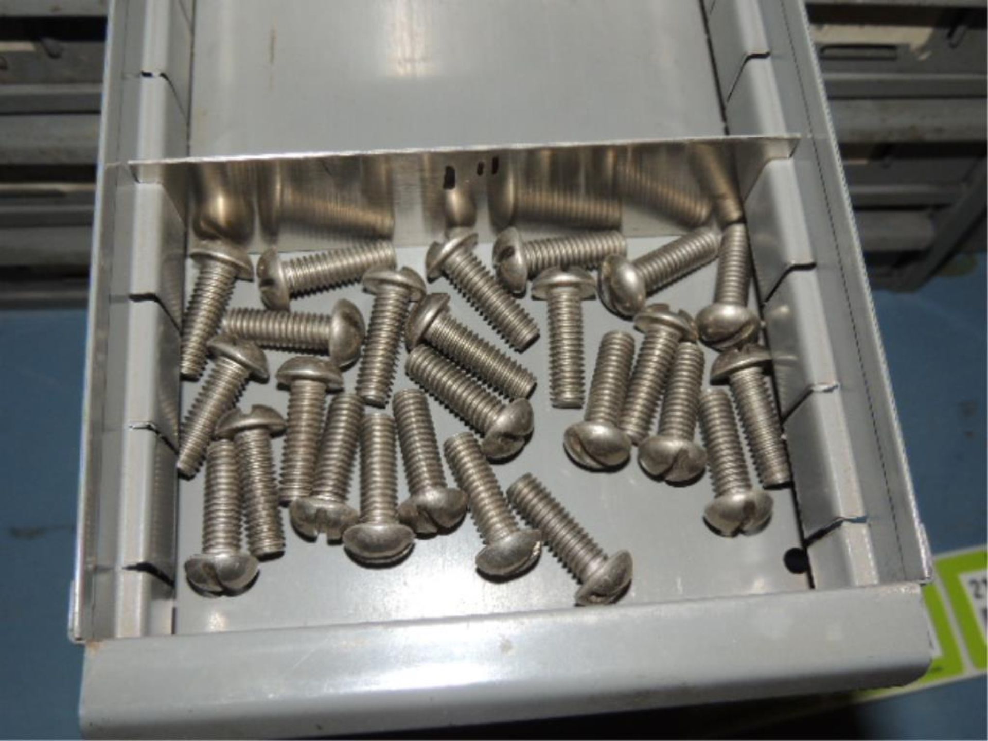 Bins; Lot: (8)parts bins w/ 18 bins each and contents, rivets, nuts, bolts, wing nuts, nipples, - Image 10 of 14
