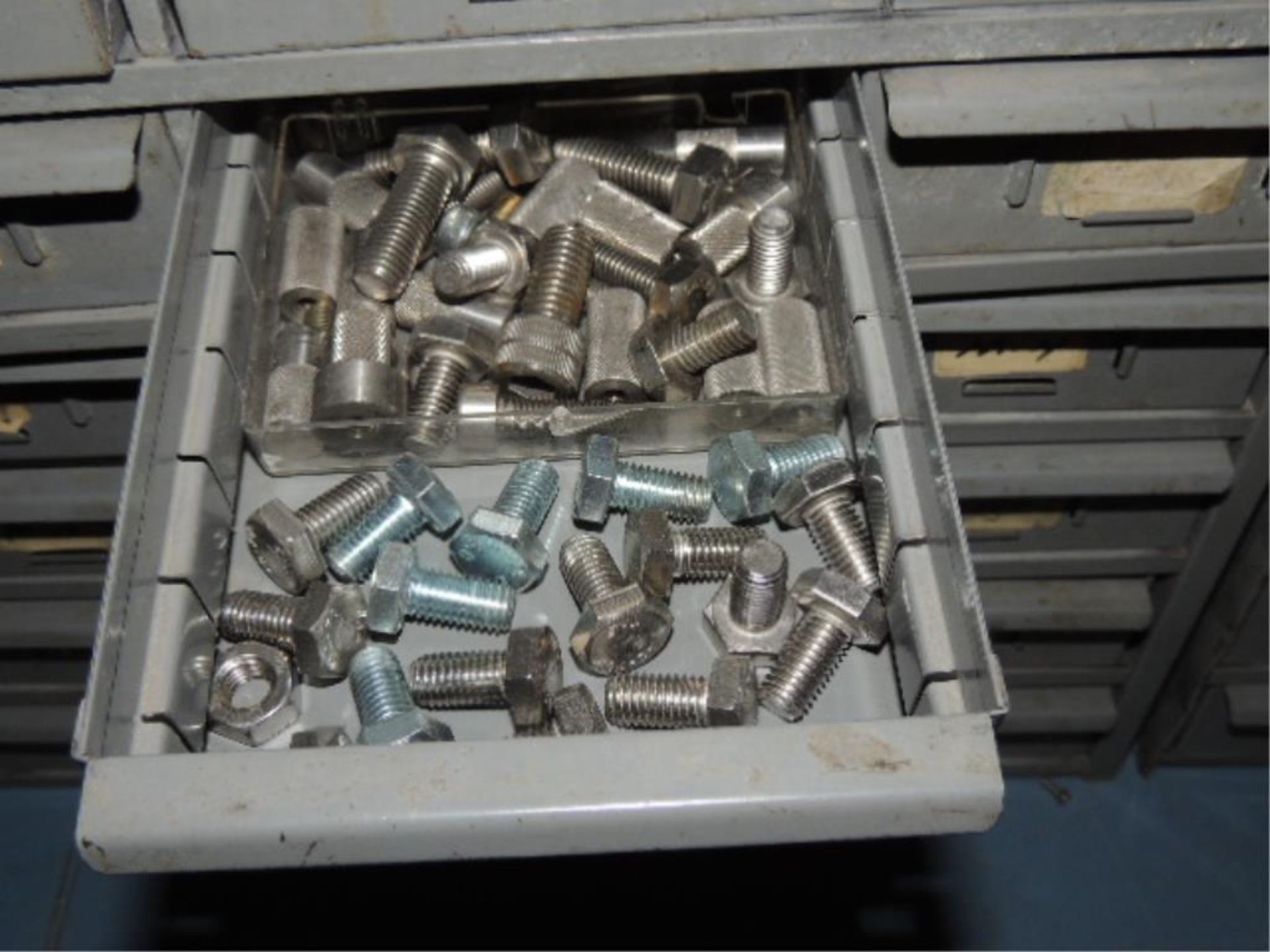 Bins; Lot: (8)parts bins w/ 18 bins each and contents, rivets, nuts, bolts, wing nuts, nipples, - Image 6 of 14