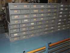 Bins; Lot: (8)parts bins w/ 18 bins each and contents, rivets, nuts, bolts, wing nuts, nipples,