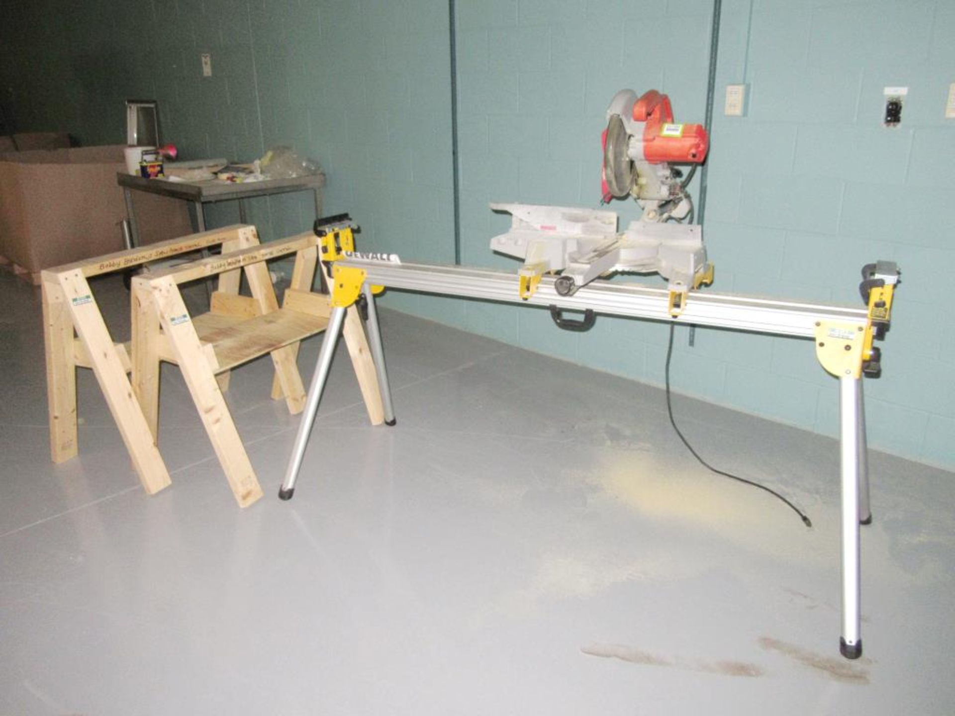 Milwaukee 6496 Miter Saw; 10" Compound Miter Saw with 72"L Stand & (2) Wooden Sawhorses. HIT# - Image 2 of 4