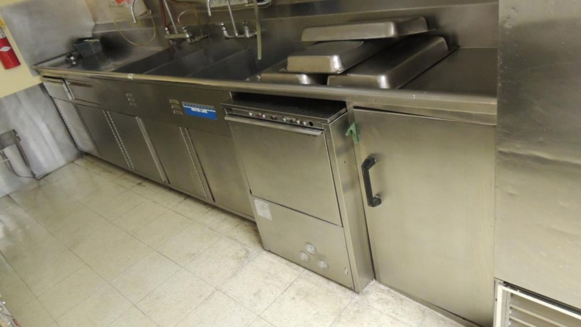 Kitchen Eqp. SS Sink; Lot: three hole SS sink 150"x 28""x39" w/ dishwasher, and under counter - Image 2 of 12