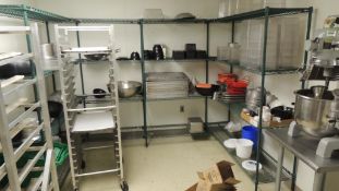 Kitchen Eqp. Serving items; Lot: approximately (10) Metro racks and contents, Pots, pans, sheet