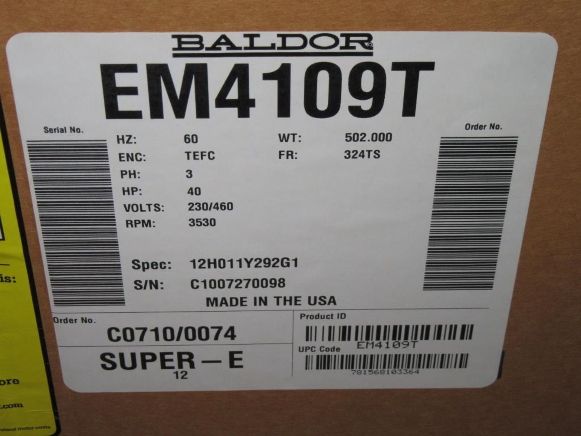 Baldor Motor; 40 HP Motor 230/460V Frame 324TS in Box on Pallet. HIT# 2217542. Loc: Maintenance Cage - Image 4 of 4