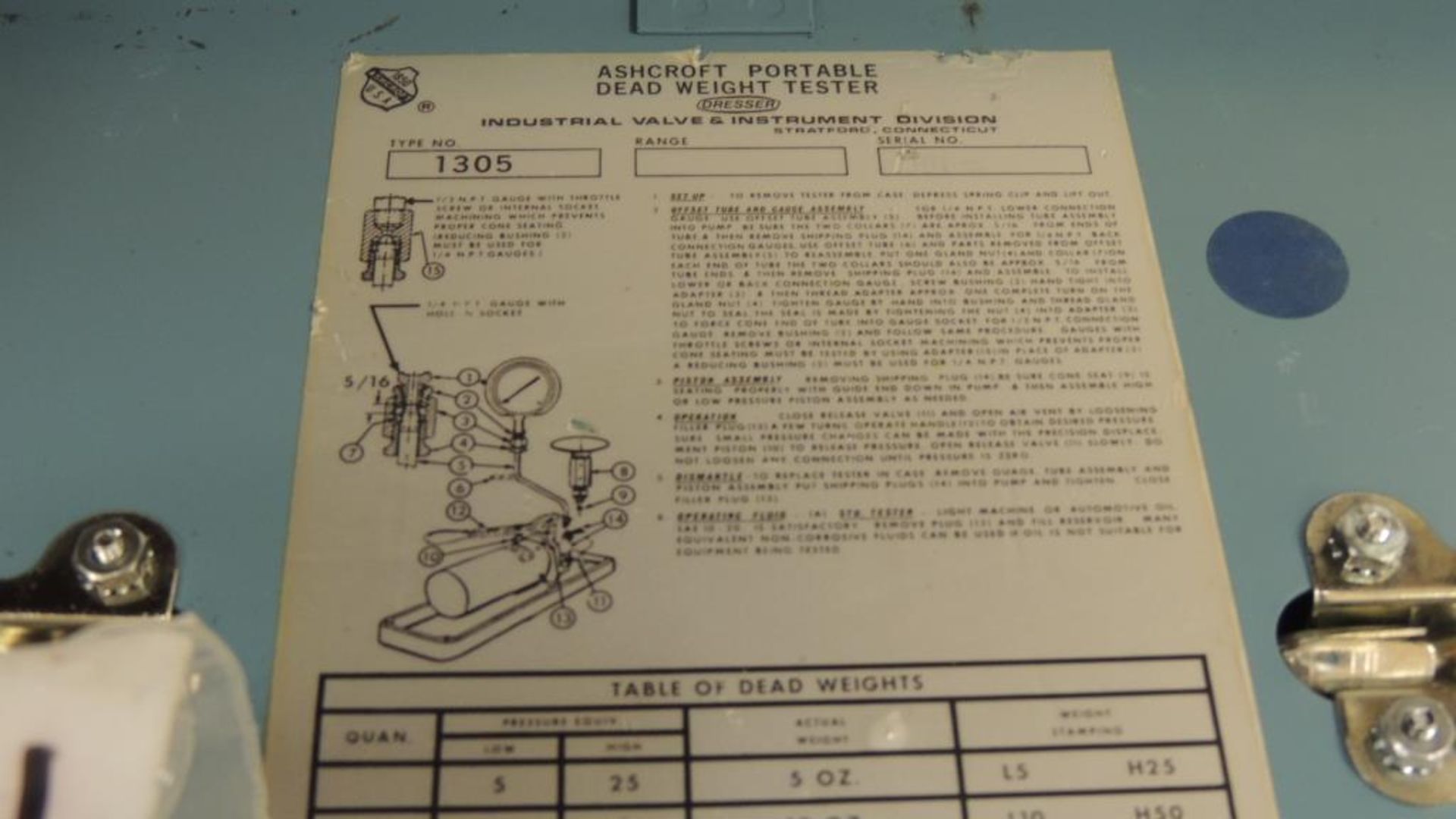 Ashcroft 1305 Tester; portable gauge dead weight tester. HIT# 2226571. Loc: 710. Asset Located at 64 - Image 10 of 10