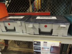 Fastenal Parts; Lot: (2) parts cases w/ bins and contents, Ls, Ts, couplers. HIT# 2192454. Loc: