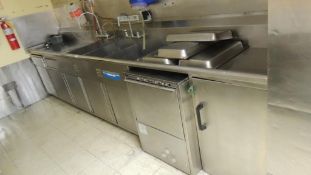 Kitchen Eqp. SS Sink; Lot: three hole SS sink 150"x 28""x39" w/ dishwasher, and under counter