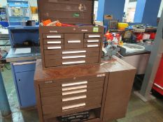 Kennedy Tool Box and Contents; 10 drawer top box & 8 drawer Bottom, 6 drawer side box 4" vise.