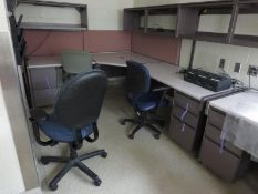 Contents of Office; 2 desks, Shelving, Lock out box, 4 office chairs. HIT# 2226083. Loc: 2110-1,