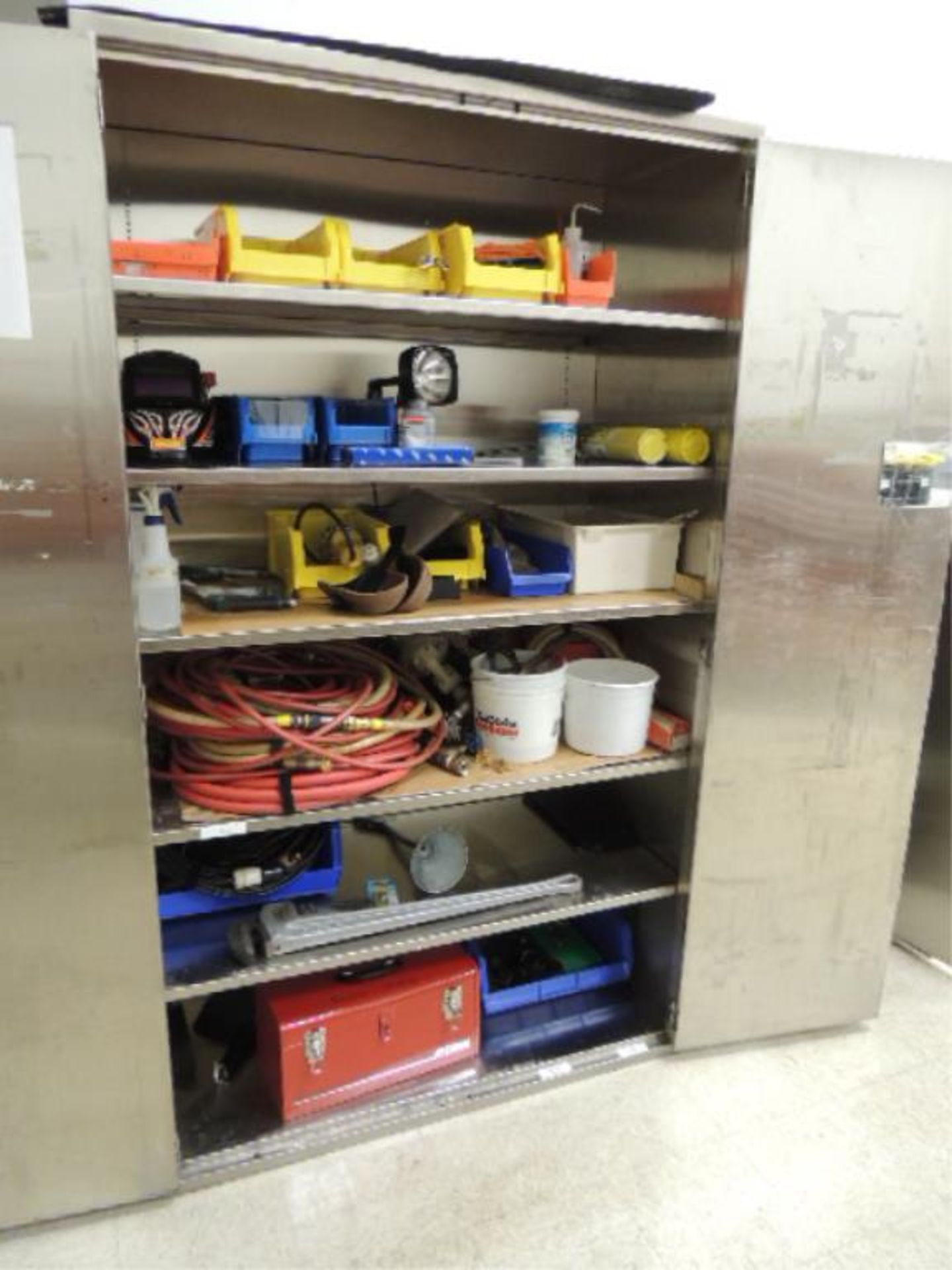 Storage cabinets; 47"x24"x80", SS two door and contents, air hoses, welding shield, Ridgid 3+6" - Image 3 of 10