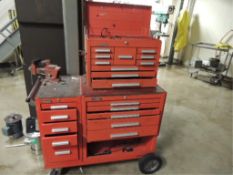 Kennedy Tool box; 20 drawer rolling tool cabinet with contents, Columbian D44 vise wrenches