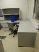 Office furniture; Lot: (2) L shaped desks, (2) five drawer lateral file cabinets, bookcase w/ glass