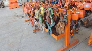 CM Budgit Lot: rack and contents, approximately 51 items, Block and hook, Plate lifts, Dyna-Loc,