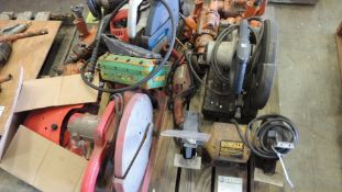 Saws. Lot: pallet and contents, spline drive impacts, chop saws, 8" dual wheel buffer grinder,