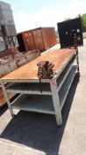 Steel work table, 43"x36"x108" w/ Wilton #508 vise and Ridgid # 27 pipe vise. HIT# 2230882. Support
