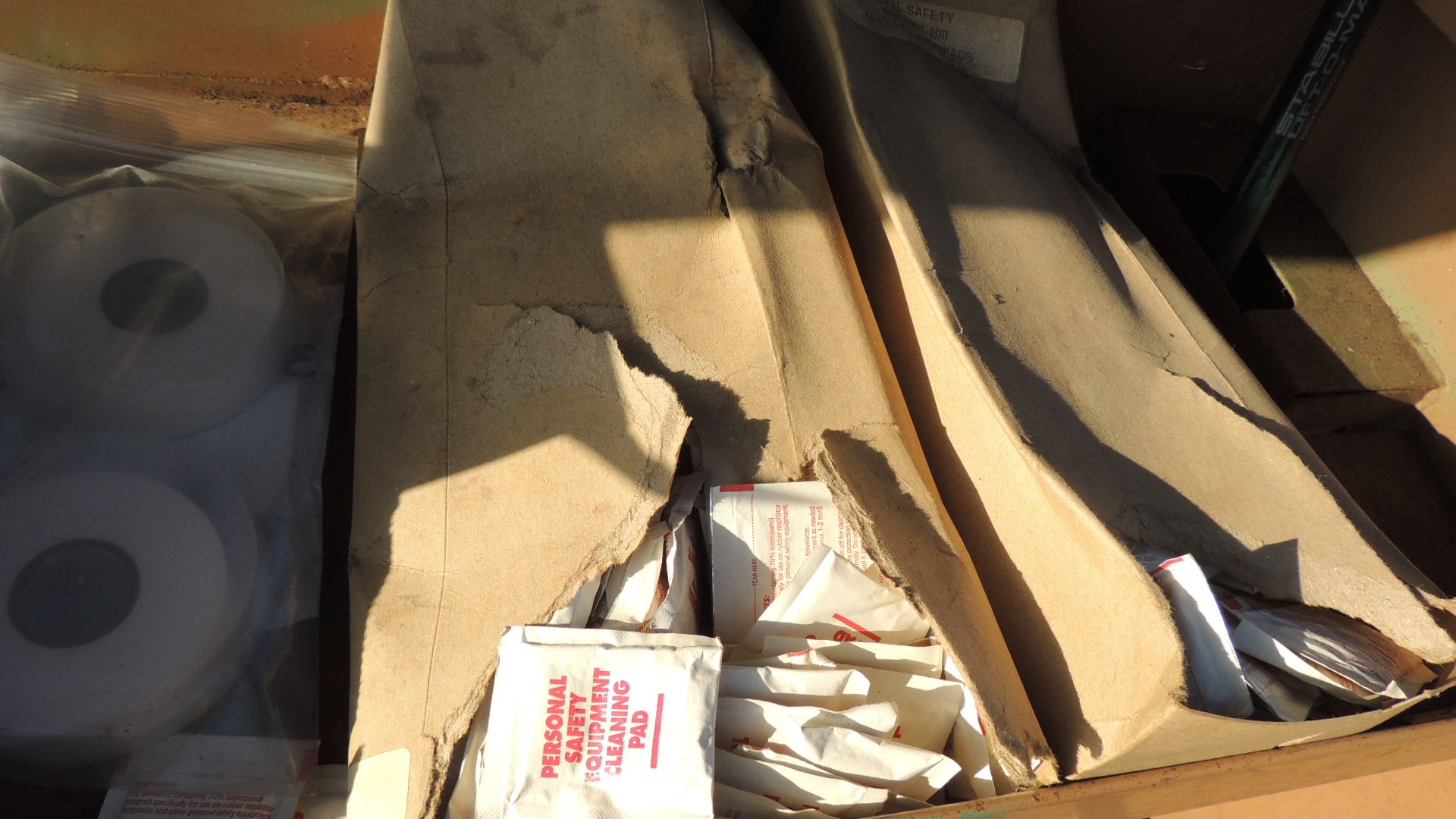 Job Box and contents, DuPont Tyvek coveralls, cleaners, ear plugs, dust masks, dual channel face - Image 12 of 12