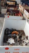 Shackles. Lot: (3) metal containers, 36"x48"x26" w/flanges, shackles, links, (1) pallet with 6'