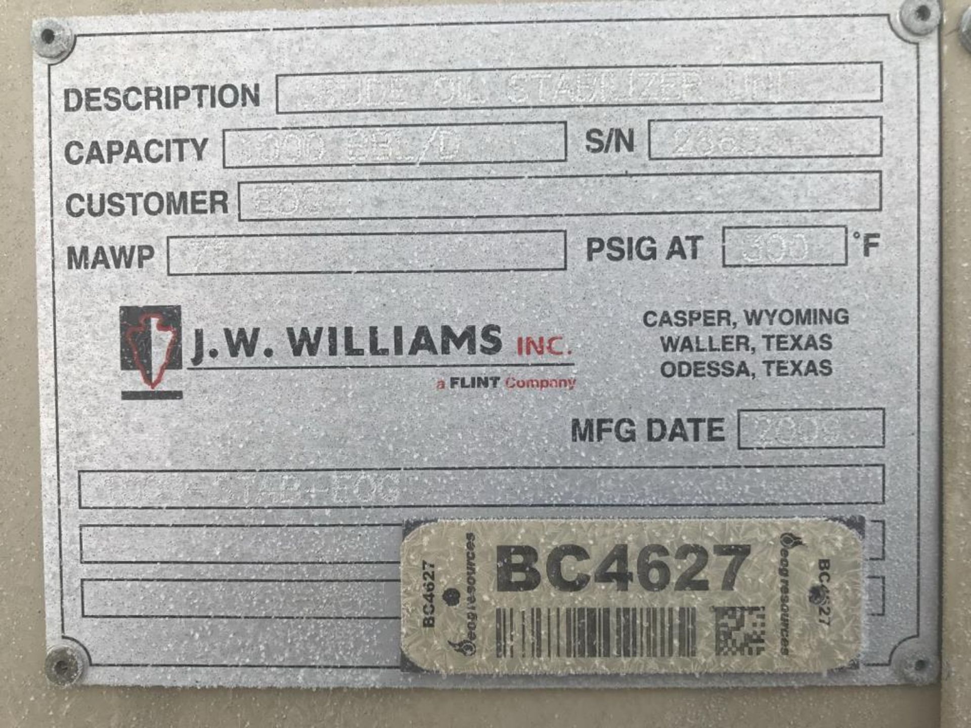 JW Williams Oil Stabilizer. 1000 BBL JW Williams Oil Stabilizer. EOG Stock #370154. Asset Located in - Image 3 of 3