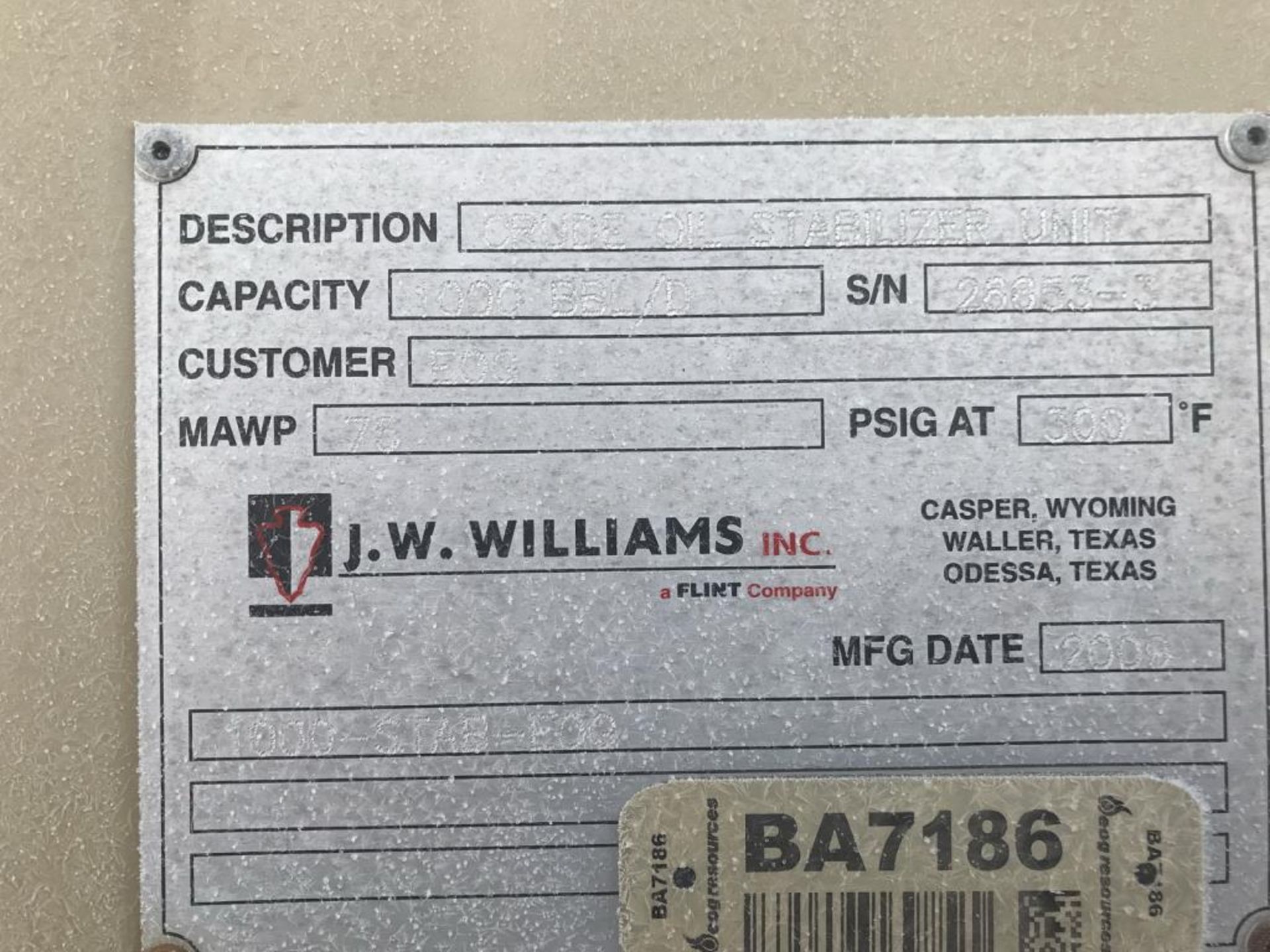 JW Williams Oil Stabilizer. 1000 BBL JW Williams Oil Stabilizer. EOG Stock #370154. Asset Located in - Image 3 of 3