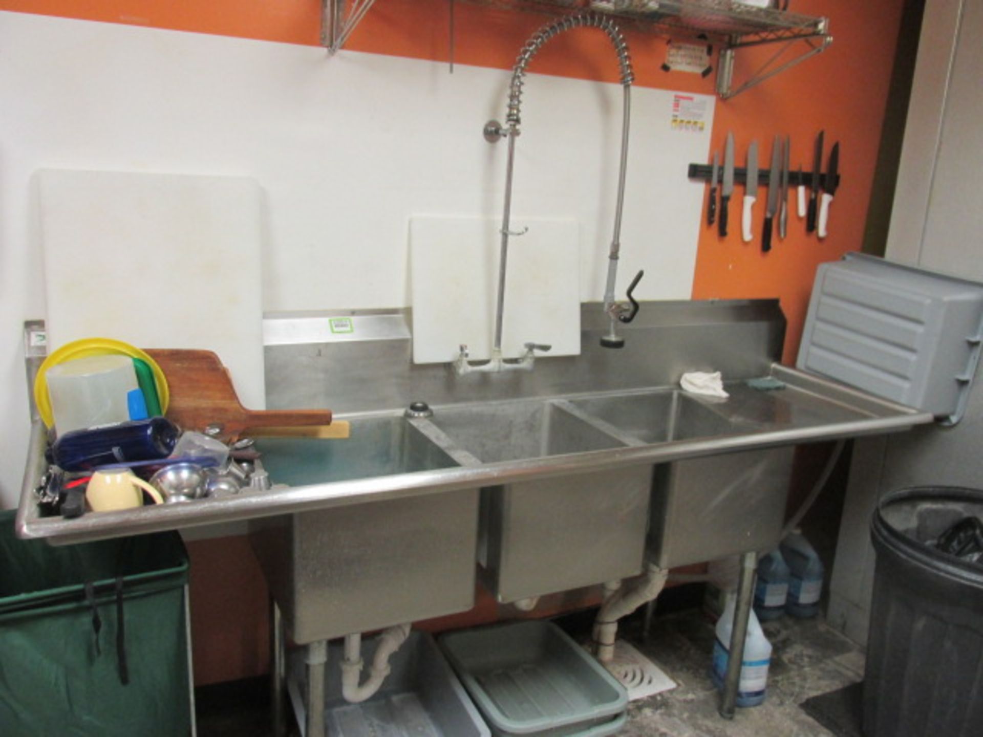 Regency 3-Compatment Stainless Steel Sink System, 25" X 90" W/ Hand Sprayer. HIT# 2234815. Loc: Food - Image 3 of 3