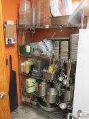 Lot of Kitchen Equipment to Include Pots, Pans, Mixing Bowls and Kitchen Hand Tools (Shelving Not