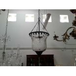 CAST METAL AND GLASS HANGING LANTERN