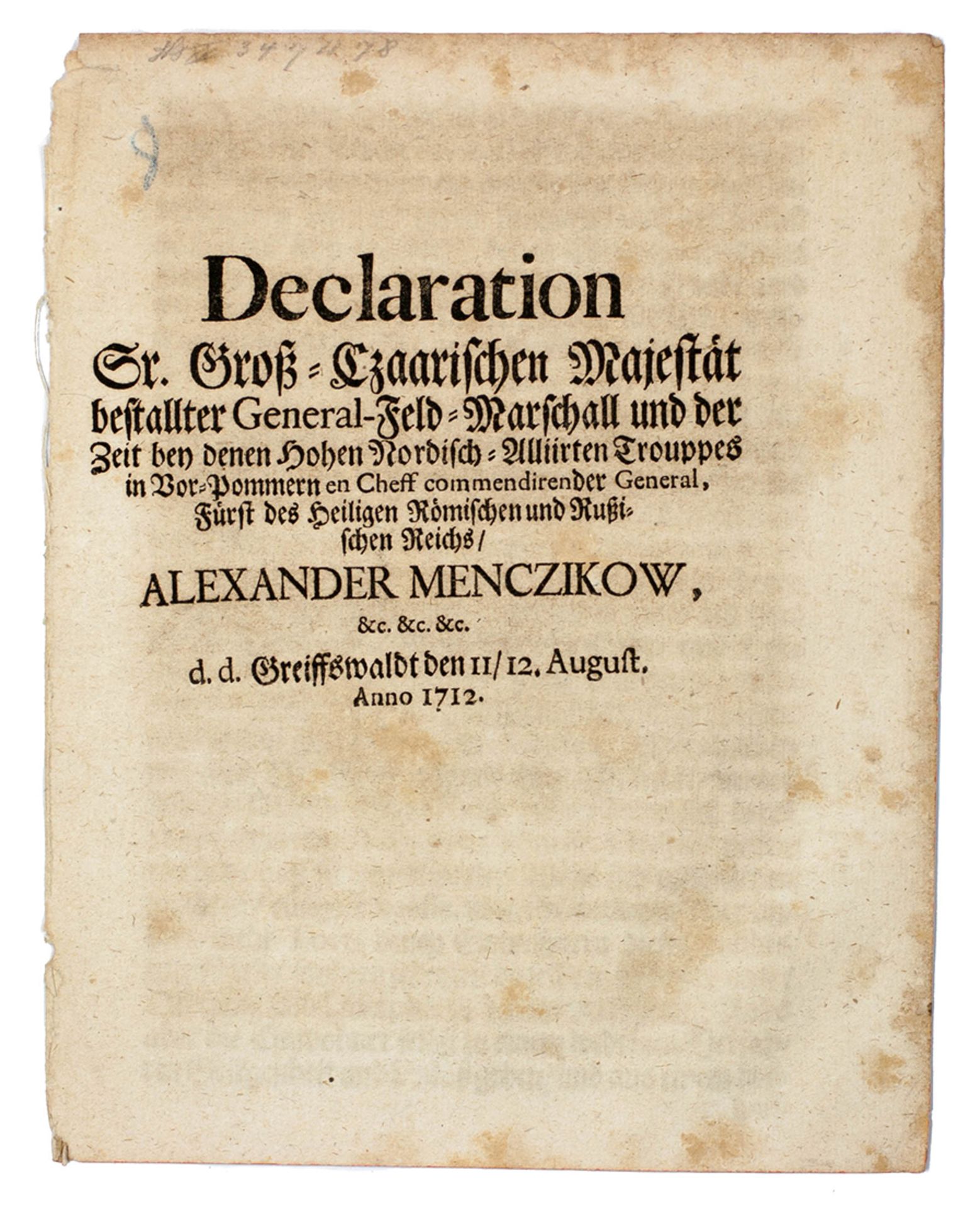 Declaration Sr. Groß-Czaarischen Majestät Bestallter General-Feld-Marschall Und [...] - Bild 2 aus 6
