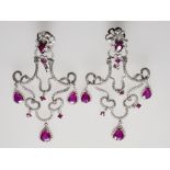 Pair of earrings - Girandole shaped earrings. Set with ruby and diamond -
